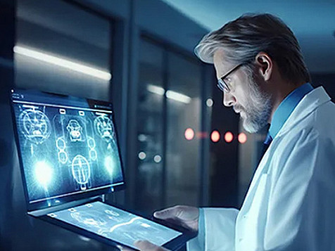 A man in a lab coat examines data on a computer screen in a laboratory setting