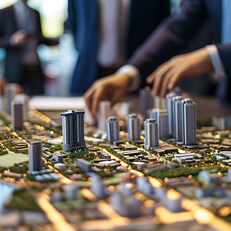 Deux mains décrivent des gestes au-dessus d'une maquette de paysage urbain.