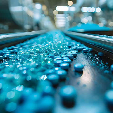 Des pilules bleues sur un tapis roulant.